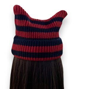 Striped Black and Red Cat Ears Crochet Knit Beanies Cap - NEW